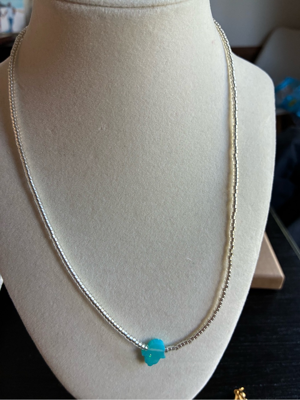 Handmade Silver Beaded Necklace w/ Blue Hamsa Pendant | Boho Protection Jewelry - Picture 2 of 2